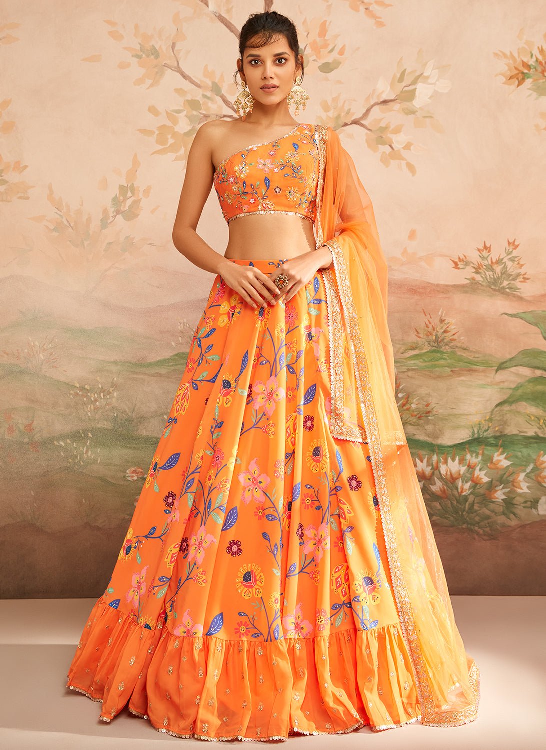Orange Floral Printed Lehenga - Lashkaraa