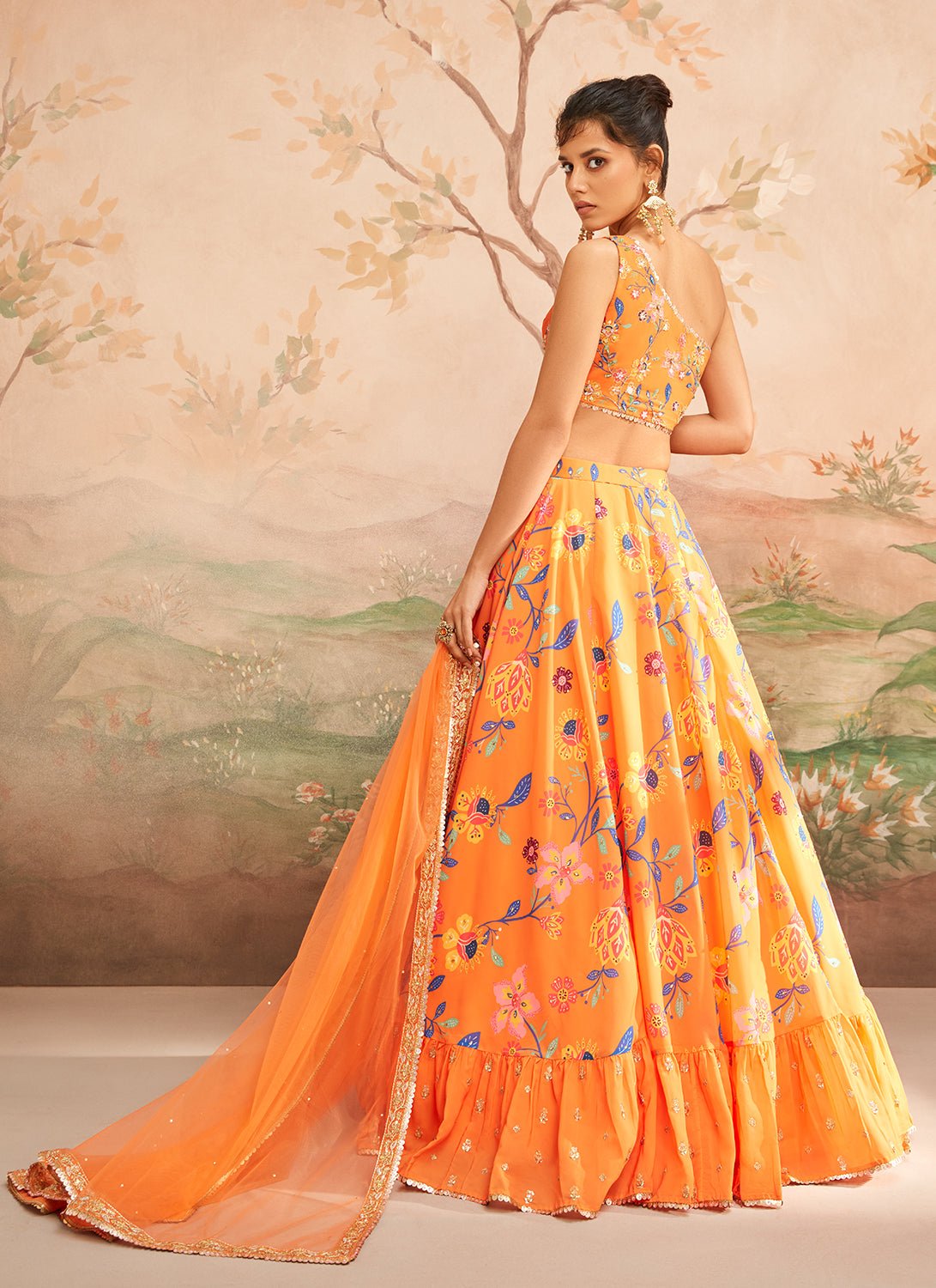 Orange Floral Printed Lehenga - Lashkaraa