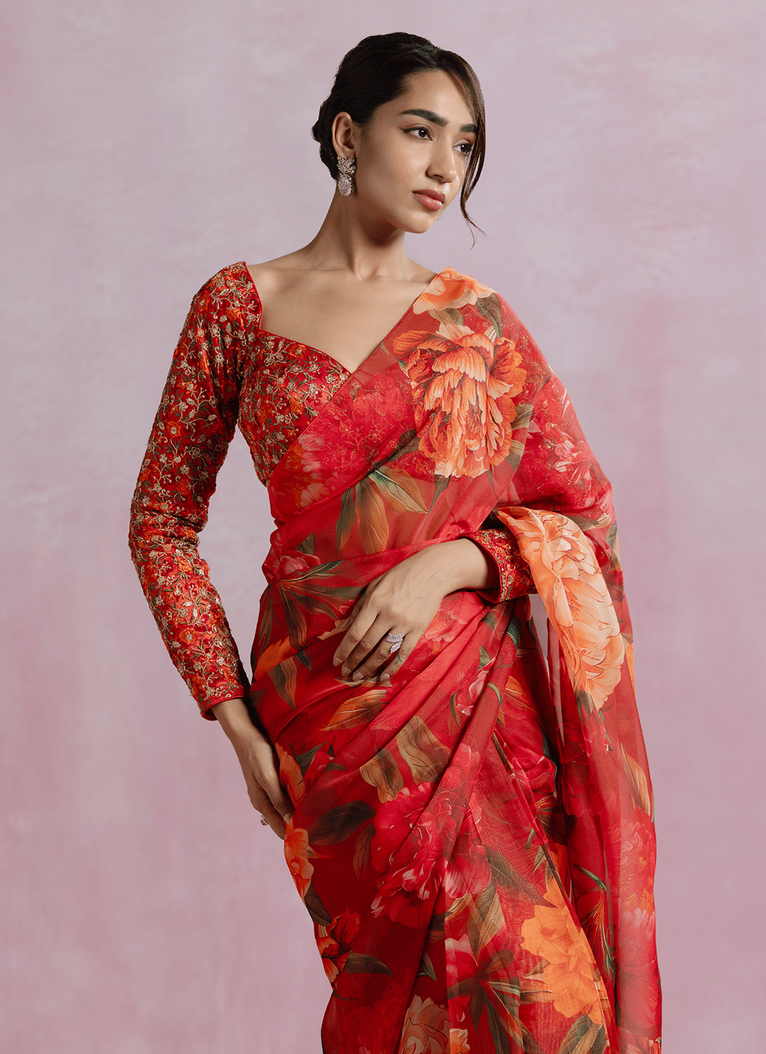 Orange Floral Printed Organza Saree - Lashkaraa