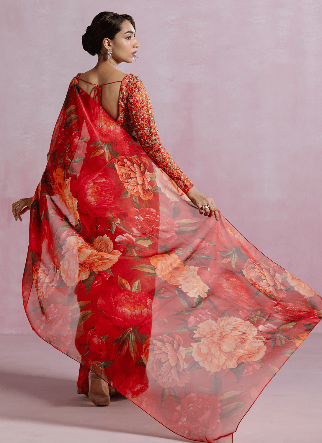 Orange Floral Printed Organza Saree - Lashkaraa