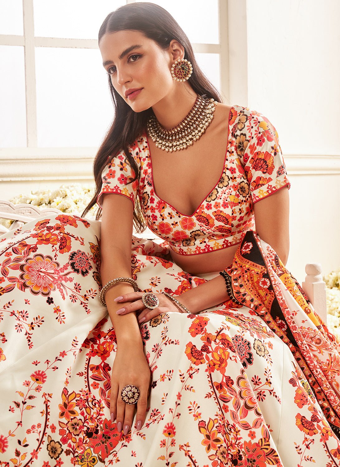 Orange Multicolor Floral Printed Lehenga - Lashkaraa