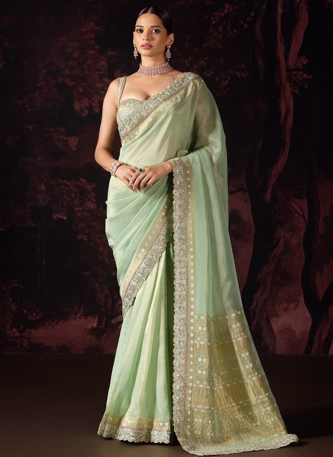 Pastel Green Embroidered Tissue Saree - Lashkaraa