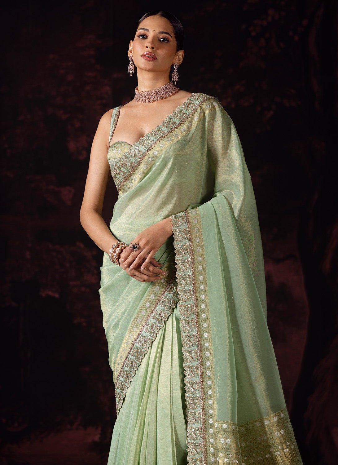 Pastel Green Embroidered Tissue Saree - Lashkaraa