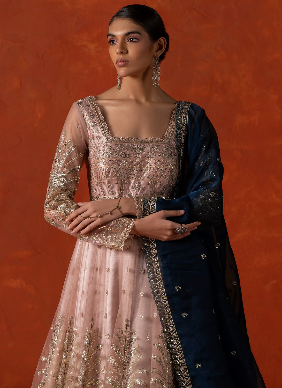 Peach and Blue Embroidered Anarkali - Lashkaraa