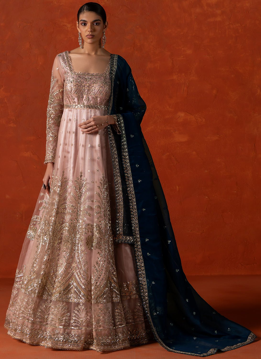Peach and Blue Embroidered Anarkali - Lashkaraa