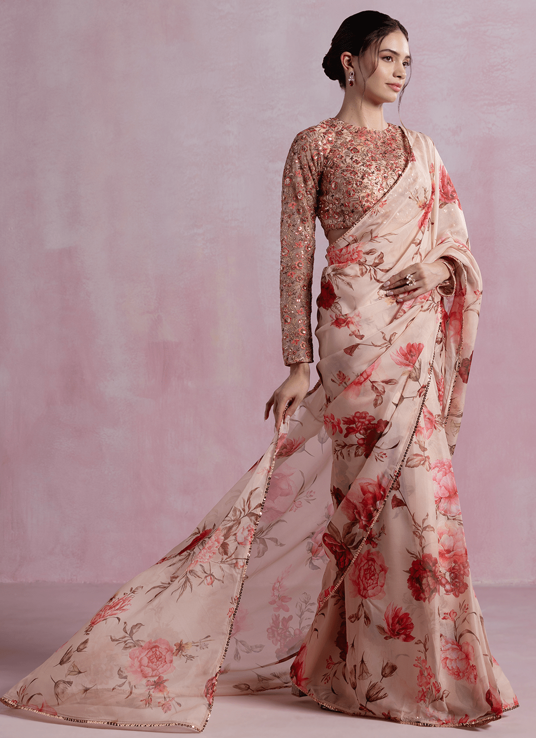 Peach and Brown Floral Printed Organza Saree - Lashkaraa