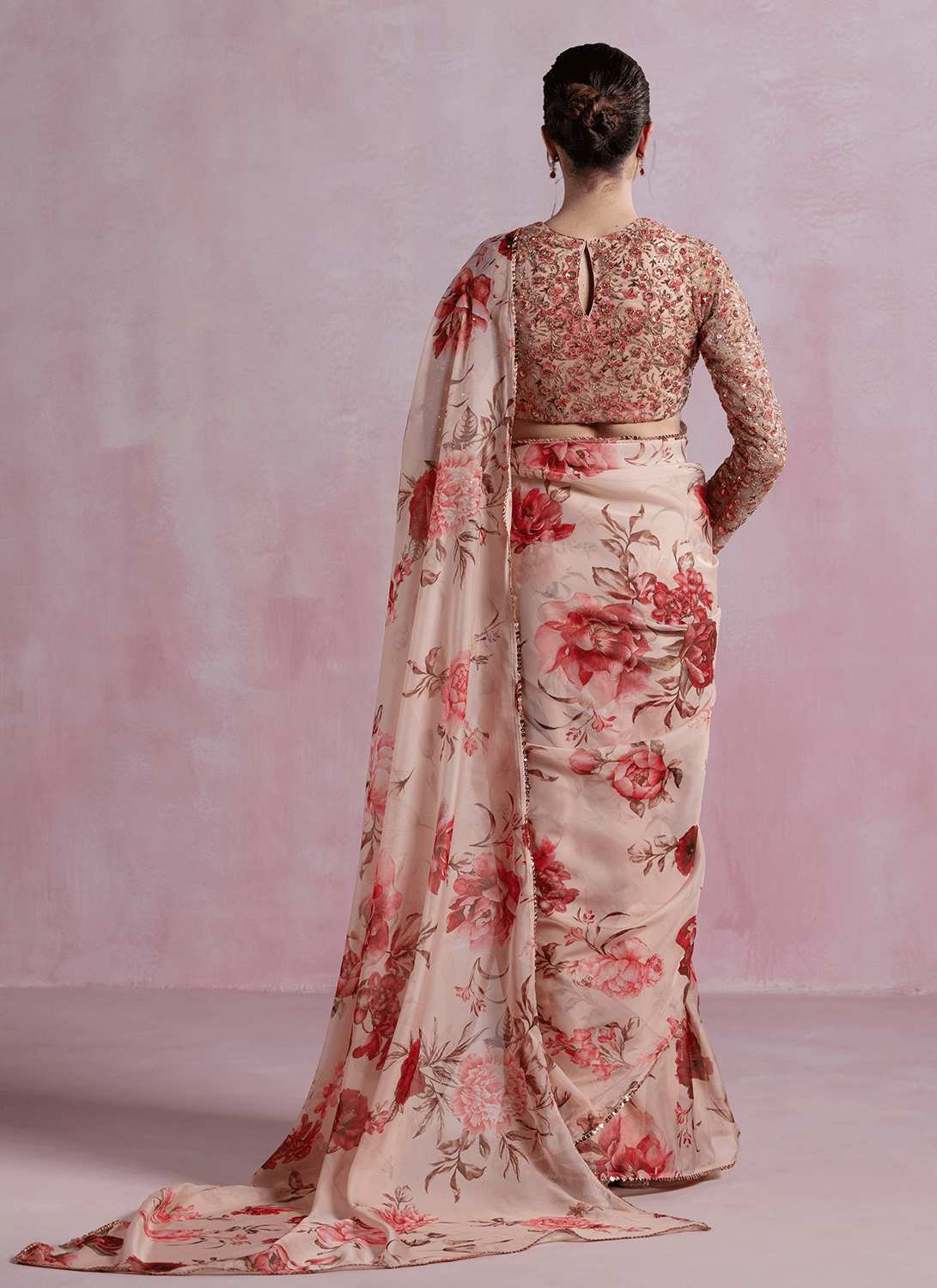 Peach and Brown Floral Printed Organza Saree - Lashkaraa