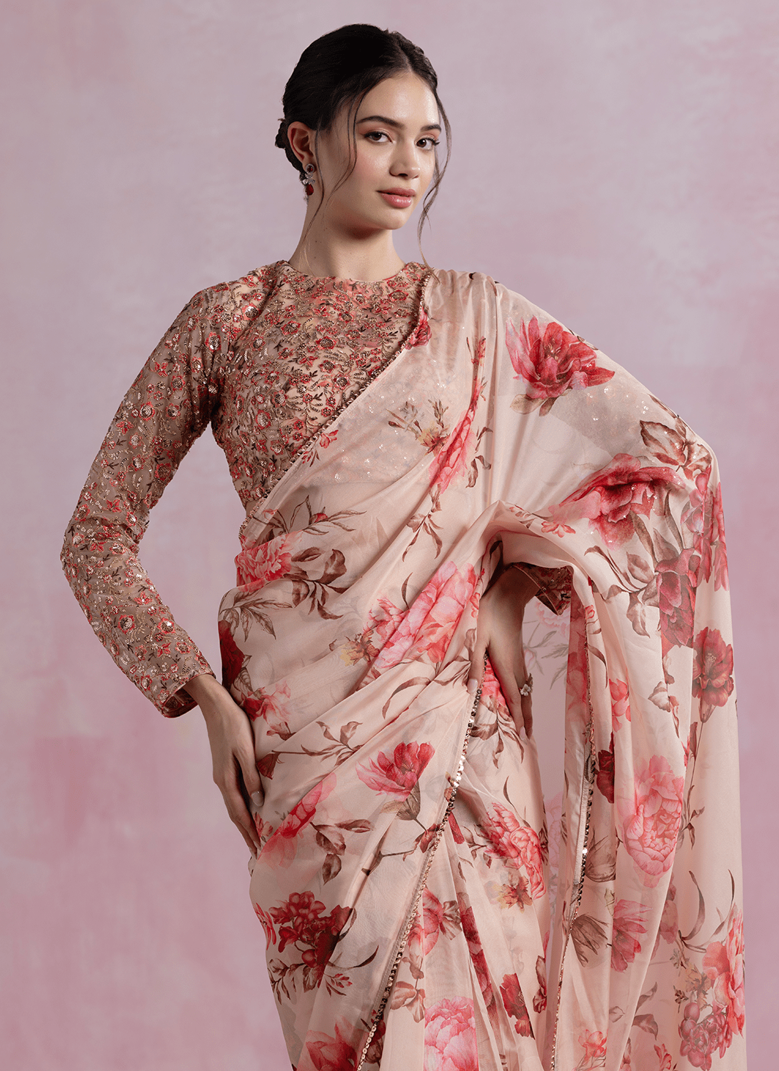 Peach and Brown Floral Printed Organza Saree - Lashkaraa