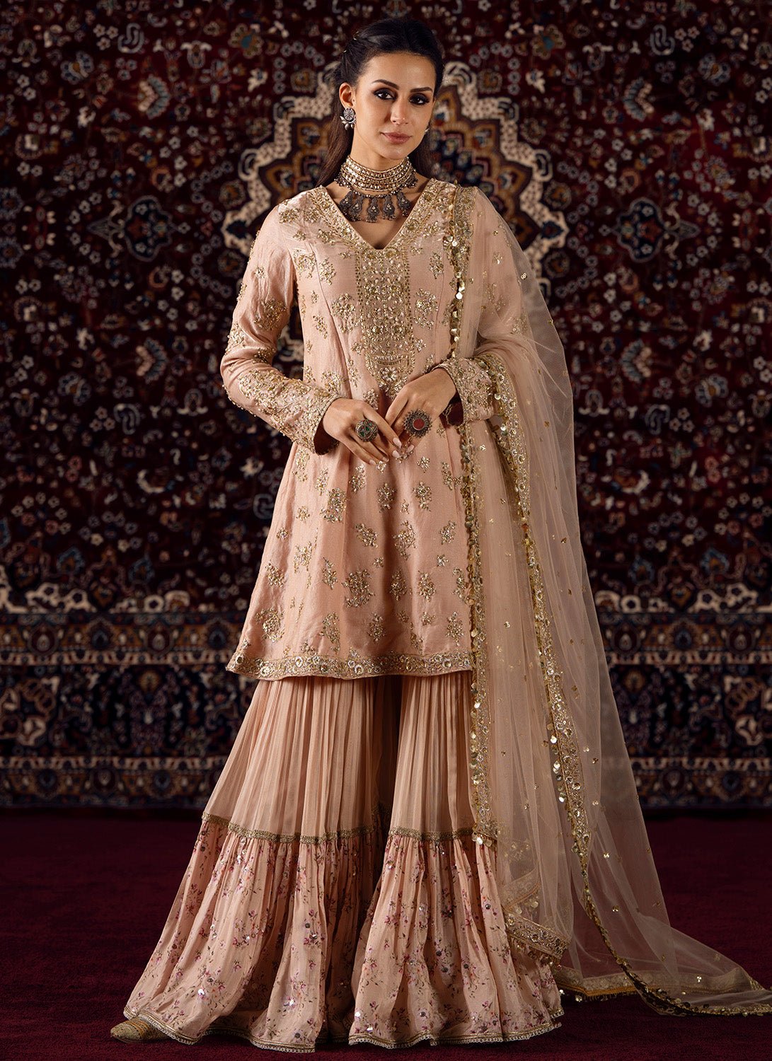 Peach Embroidered Satin Sharara Suit - Lashkaraa