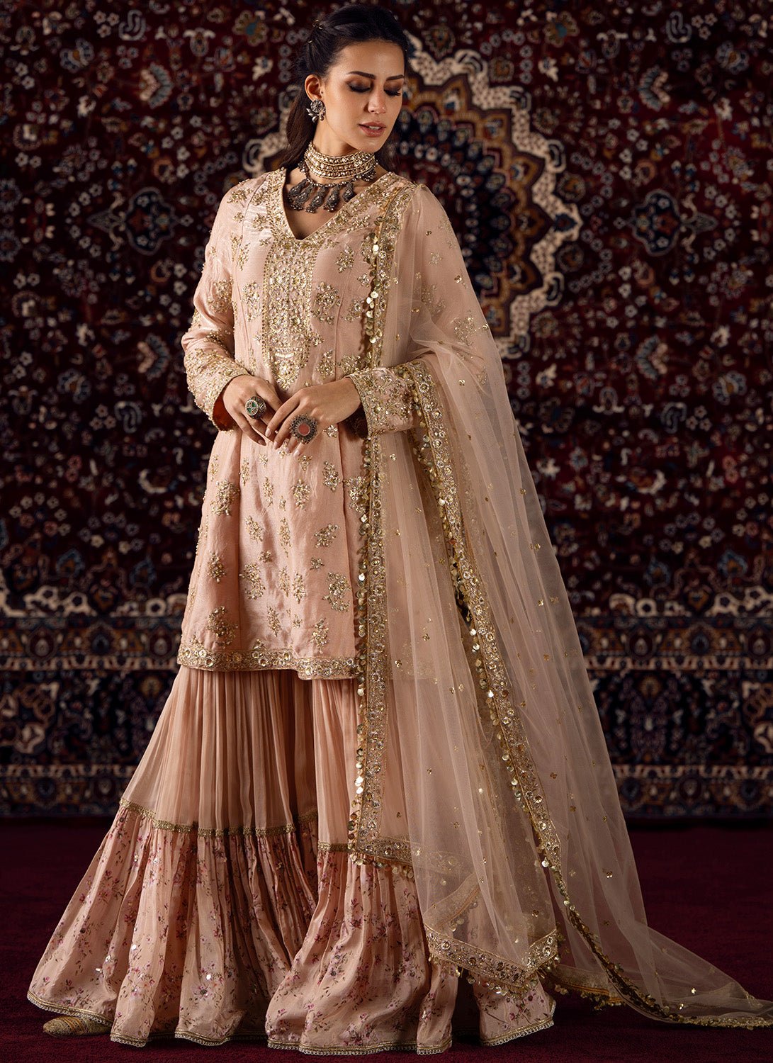 Peach Embroidered Satin Gharara Suit