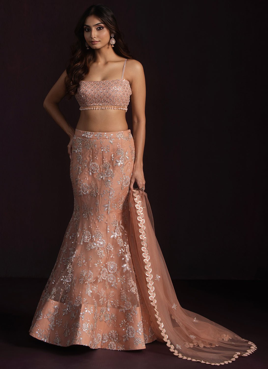 Peach Fishcut Embroidered Net Lehenga - Lashkaraa