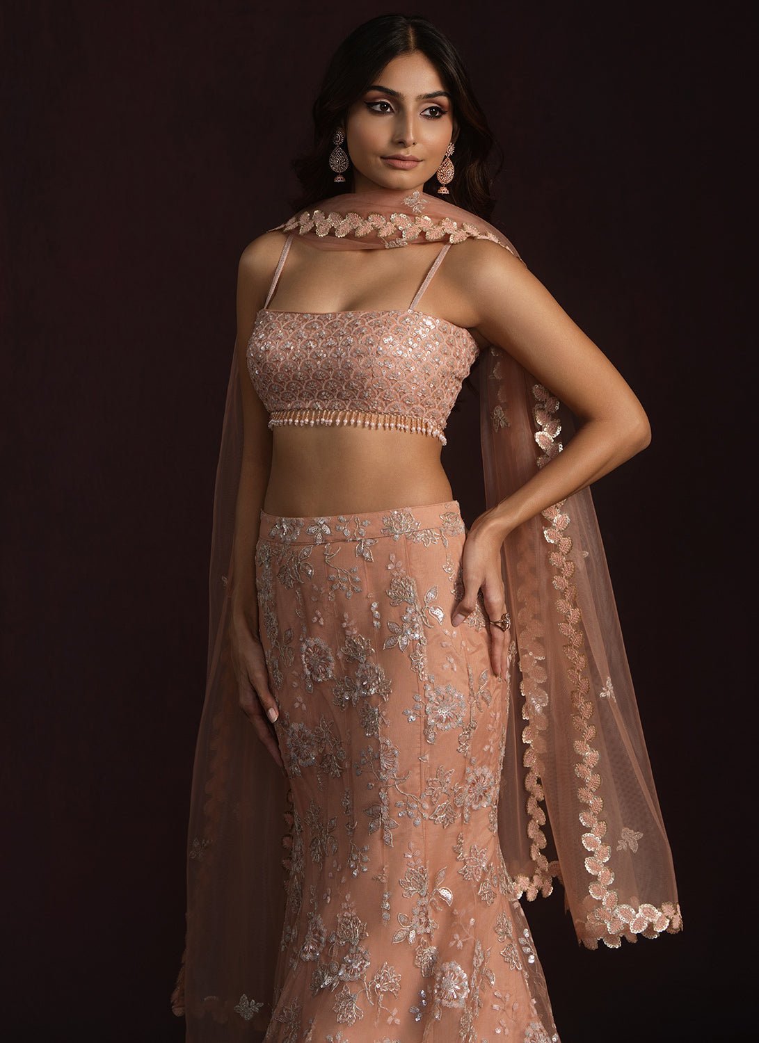 Peach Fishcut Embroidered Net Lehenga - Lashkaraa