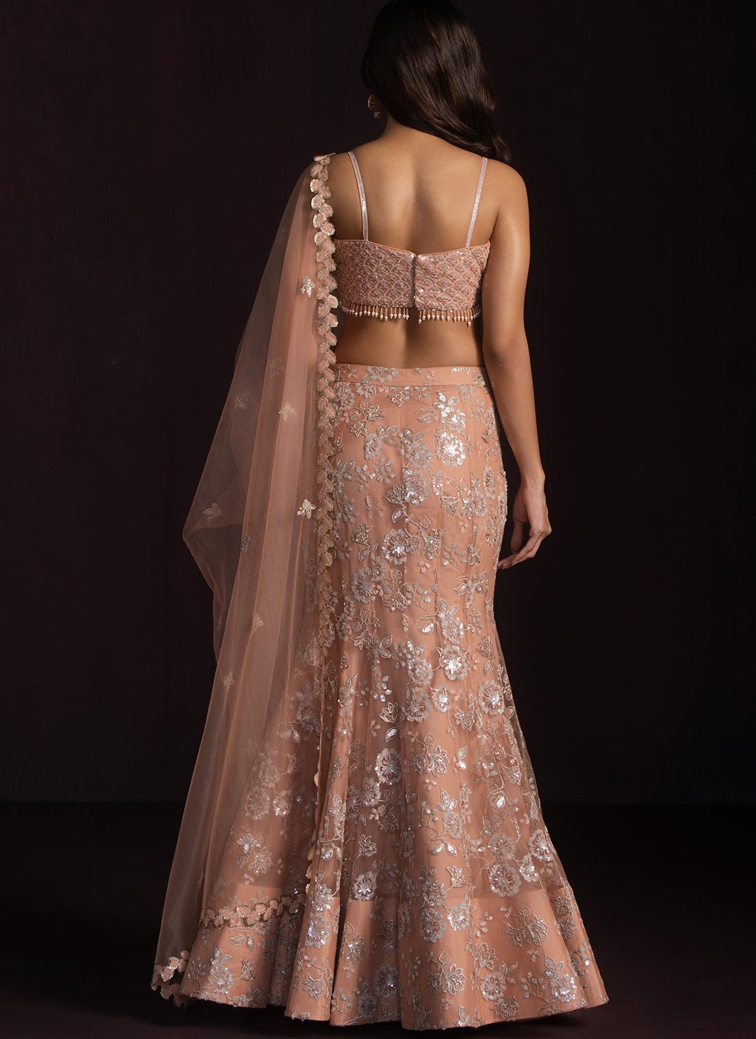 Peach Fishcut Embroidered Net Lehenga - Lashkaraa