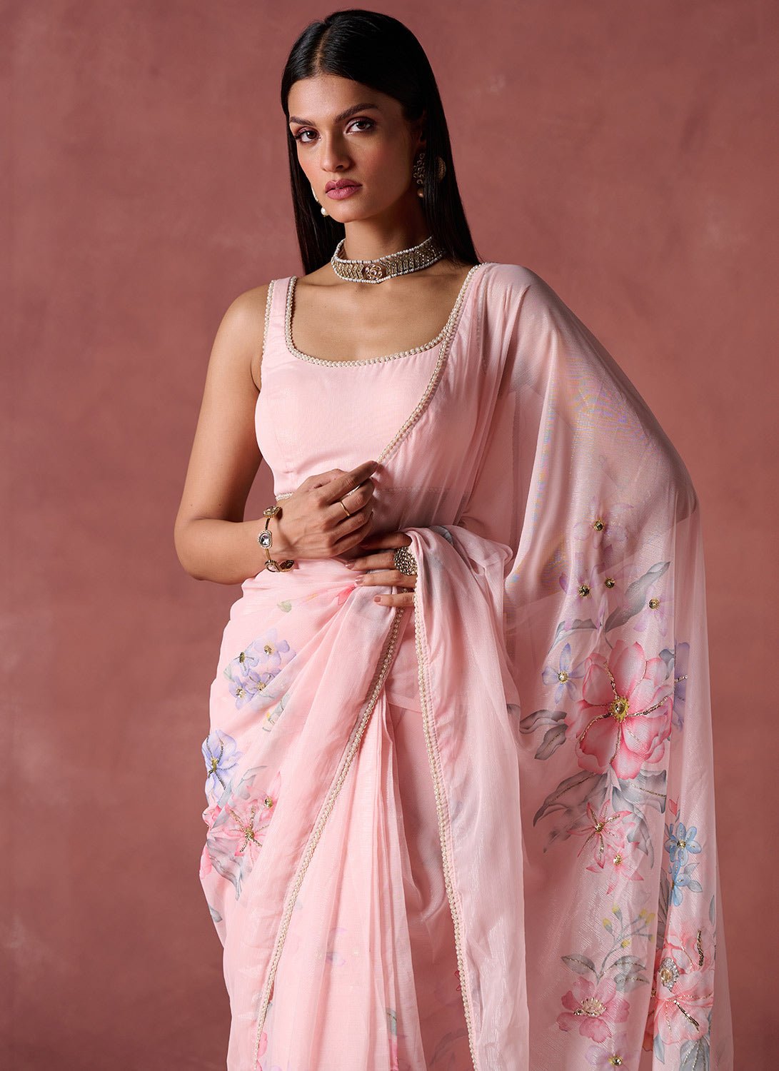 Peach Floral Printed Chiffon Saree - Lashkaraa