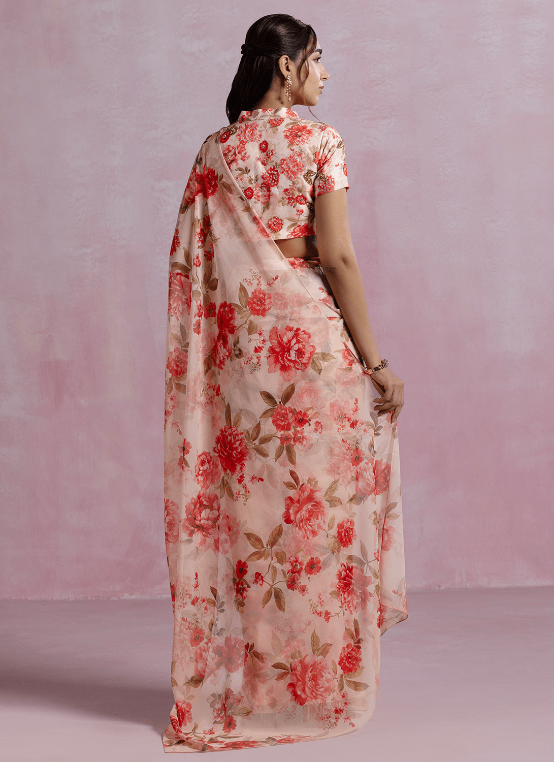 Peach Floral Printed Chiffon Saree - Lashkaraa