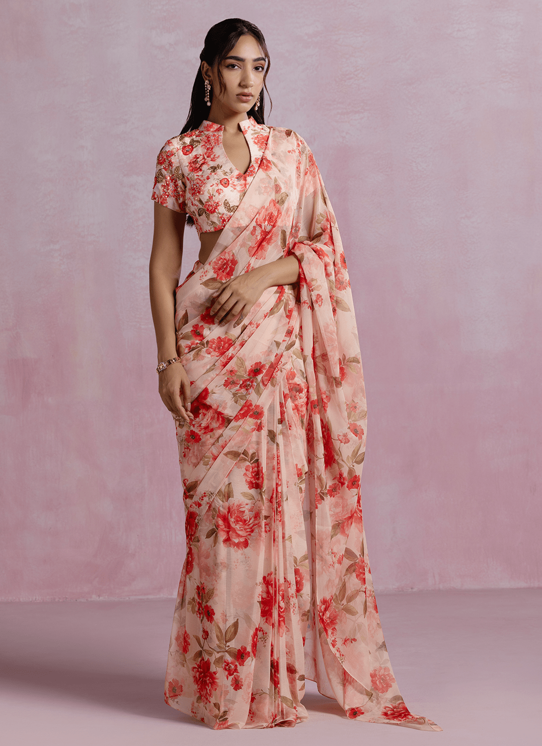 Peach Floral Printed Chiffon Saree - Lashkaraa
