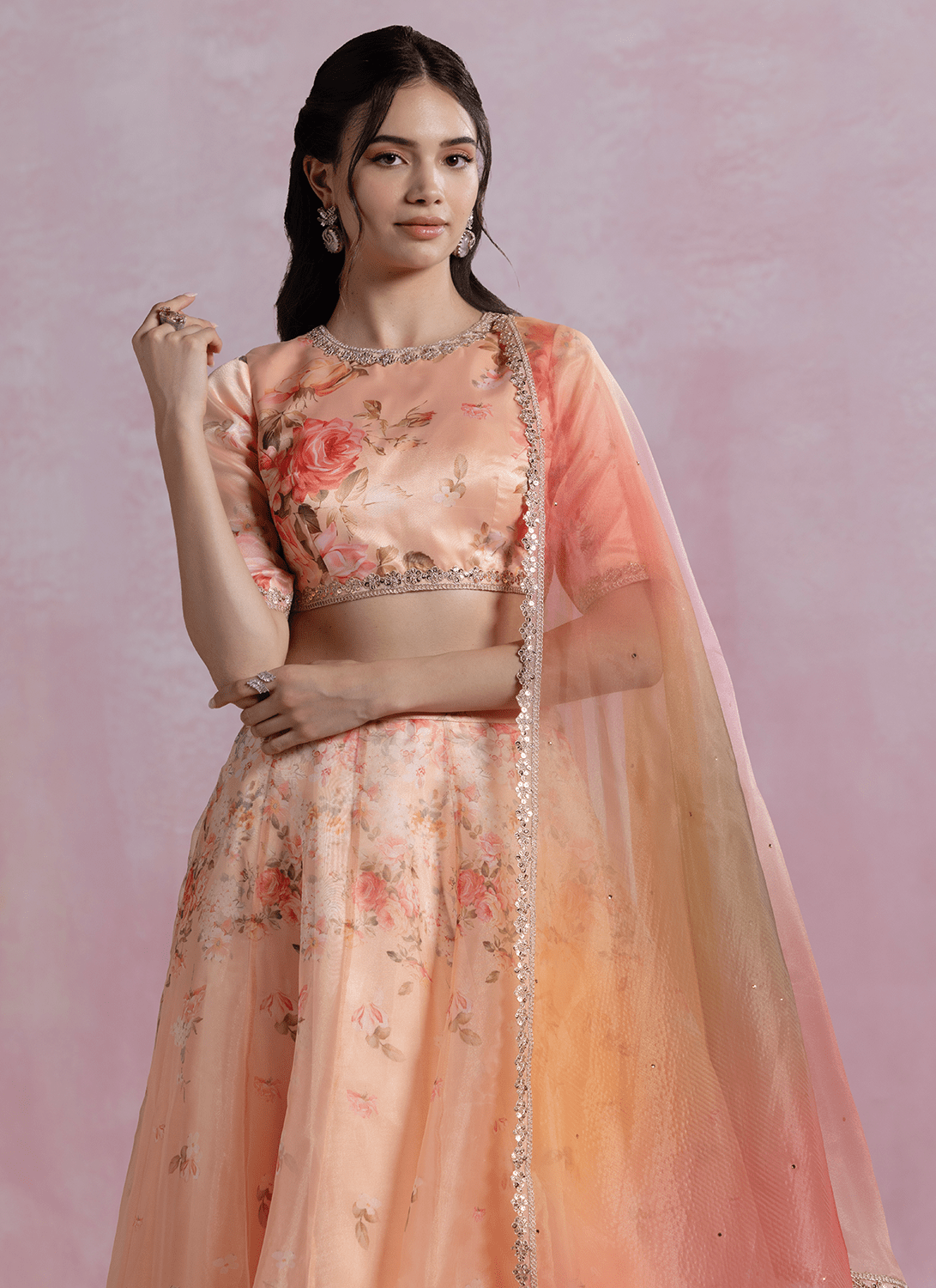 Peach Floral Printed Organza Lehenga - Lashkaraa