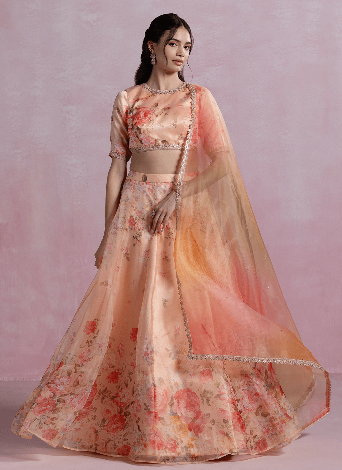 Peach Floral Printed Organza Lehenga - Lashkaraa