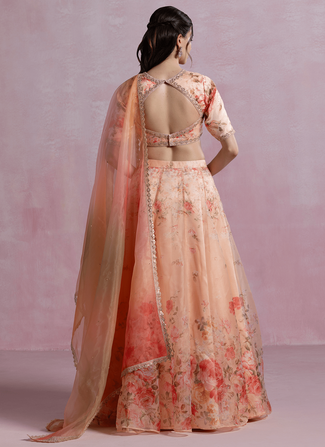 Peach Floral Printed Organza Lehenga - Lashkaraa