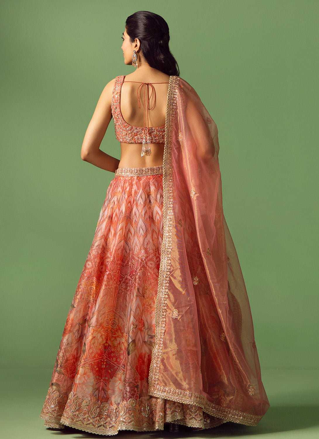 Peach Multicolor Floral Printed Organza Lehenga - Lashkaraa