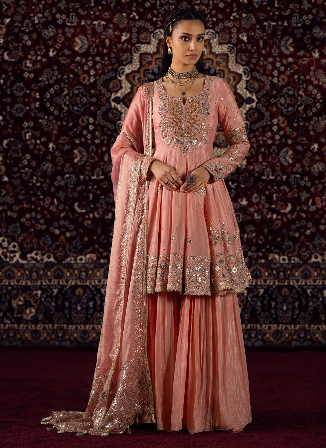 Peachy Pink Embroidered Viscose Chinon Sharara - Lashkaraa