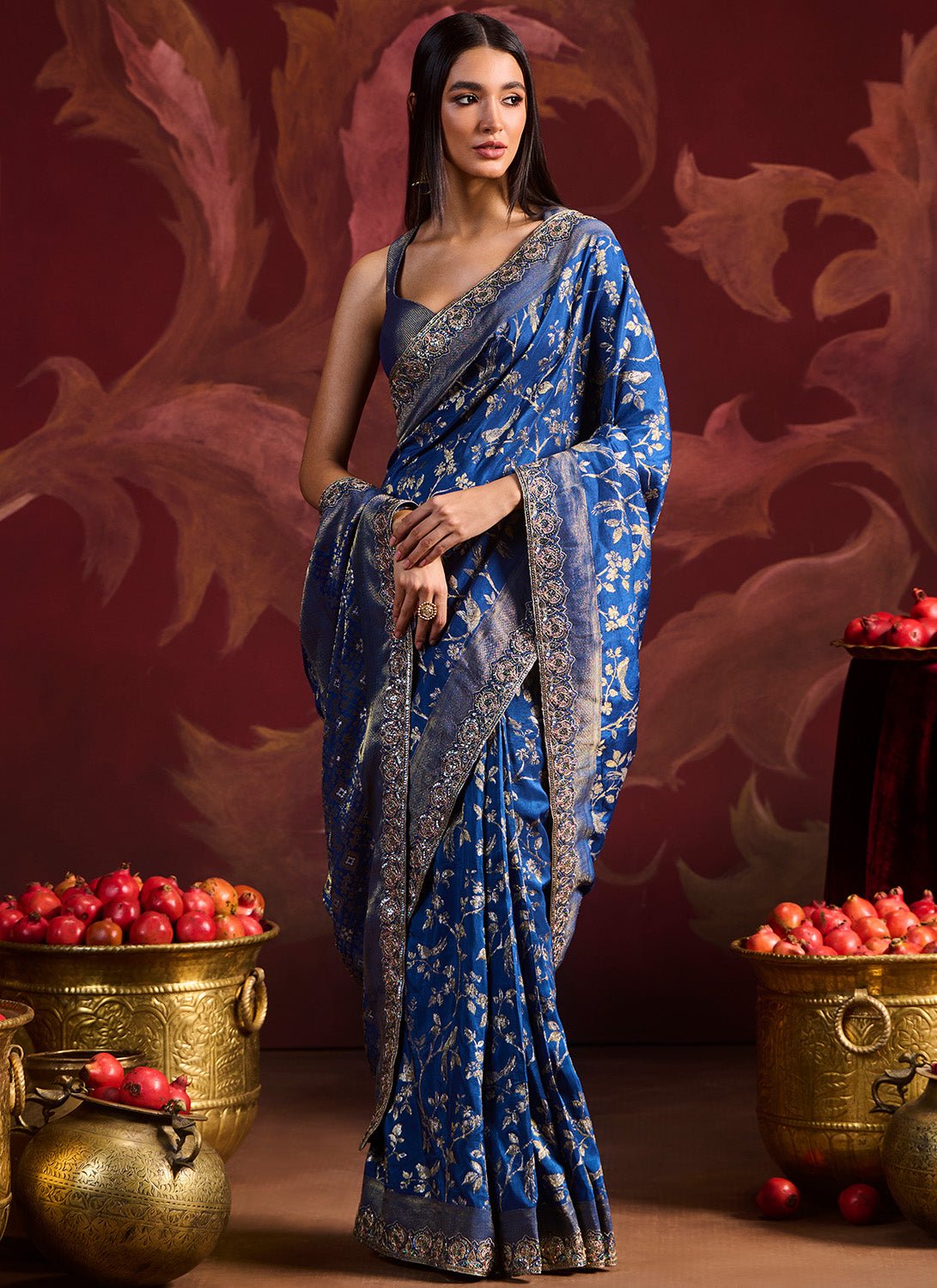 Peacock Blue Embroidered Brocade Saree - Lashkaraa