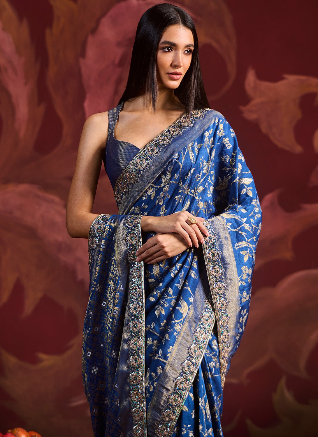 Peacock Blue Embroidered Brocade Saree - Lashkaraa