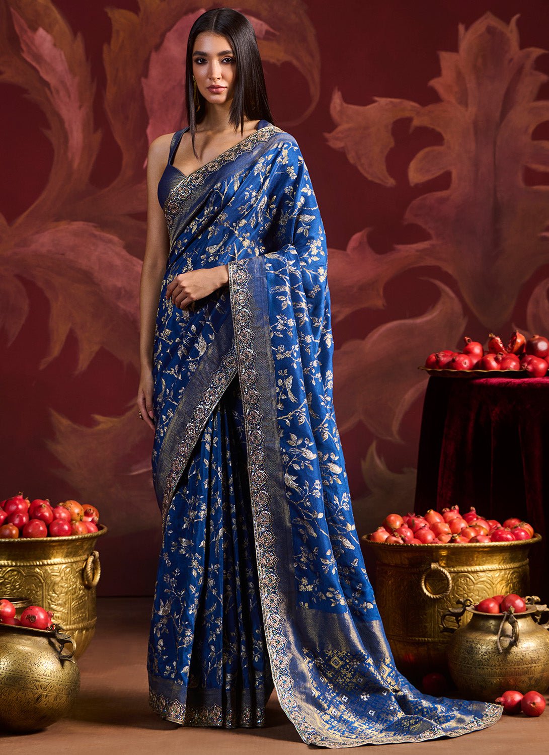Peacock Blue Embroidered Brocade Saree - Lashkaraa