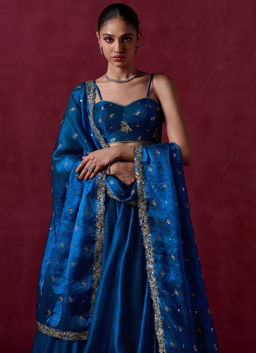 Peacock Blue Embroidered Organza Lehenga - Lashkaraa
