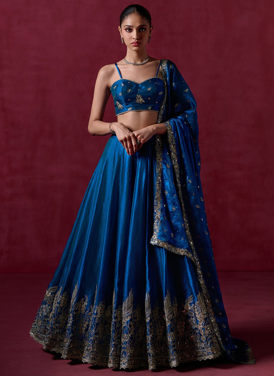 Peacock Blue Embroidered Organza Lehenga - Lashkaraa