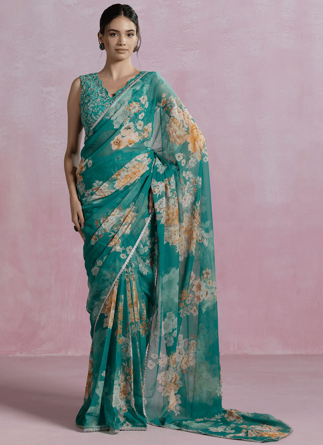 Peacock Green Floral Printed Organza Saree - Lashkaraa