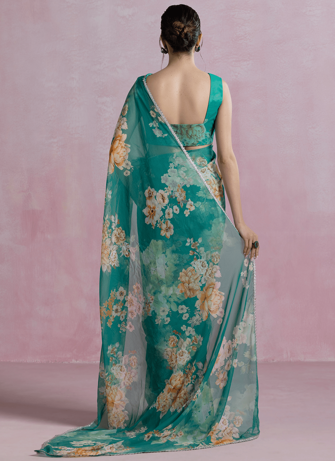 Peacock Green Floral Printed Organza Saree - Lashkaraa