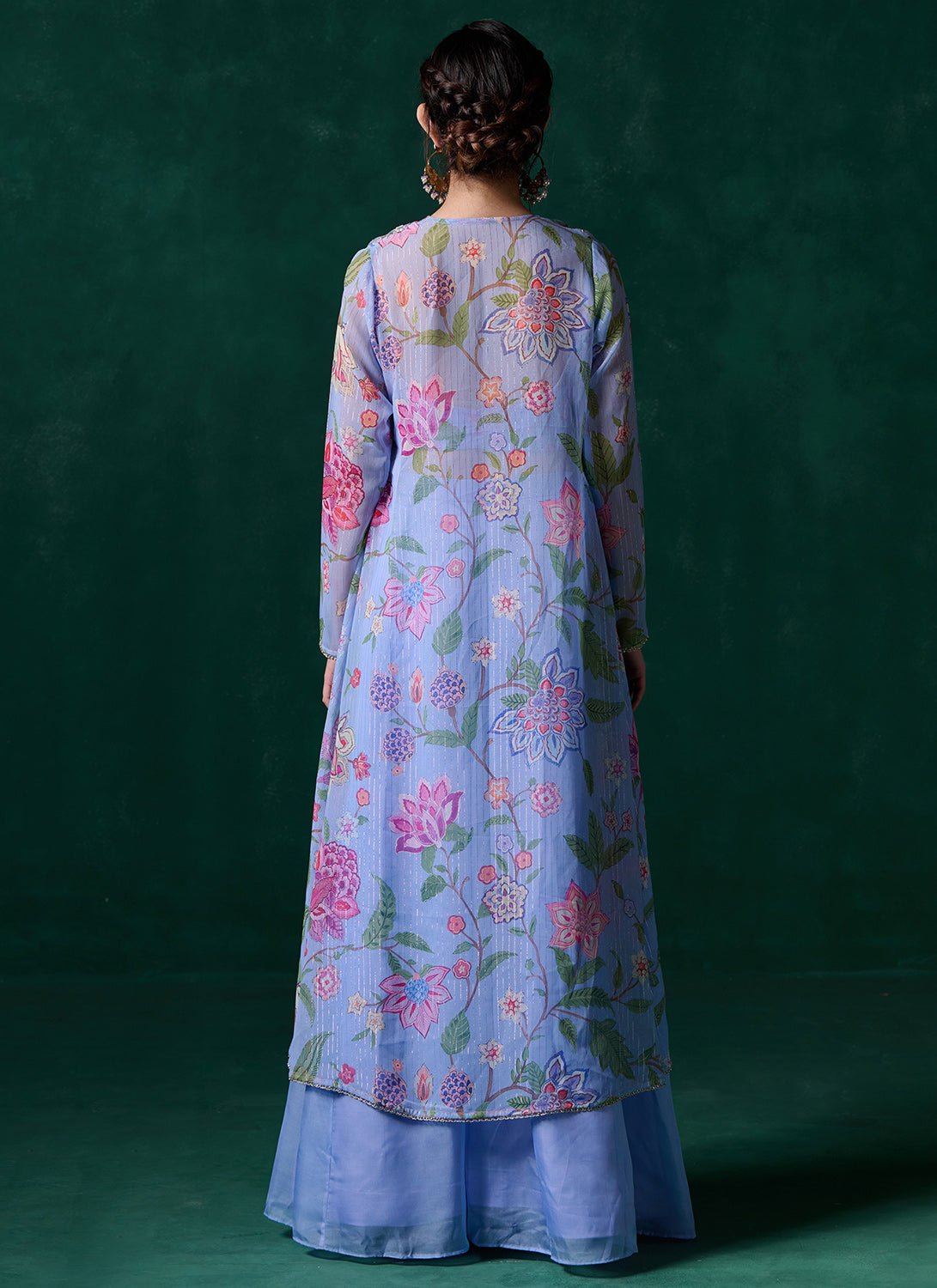 Periwinkle Floral Printed Pant Set With Jacket - Lashkaraa