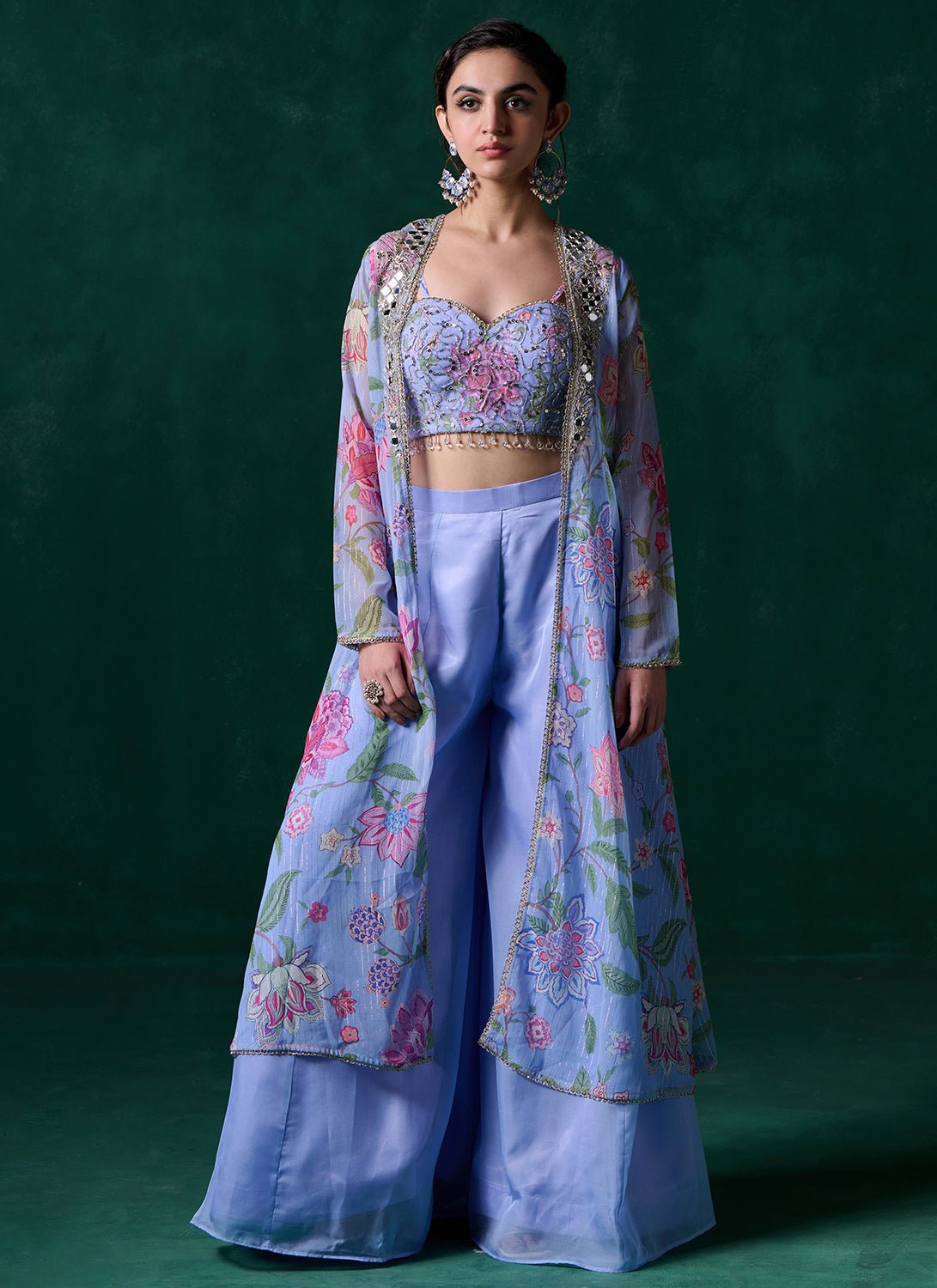 Periwinkle Floral Printed Pant Set With Jacket - Lashkaraa