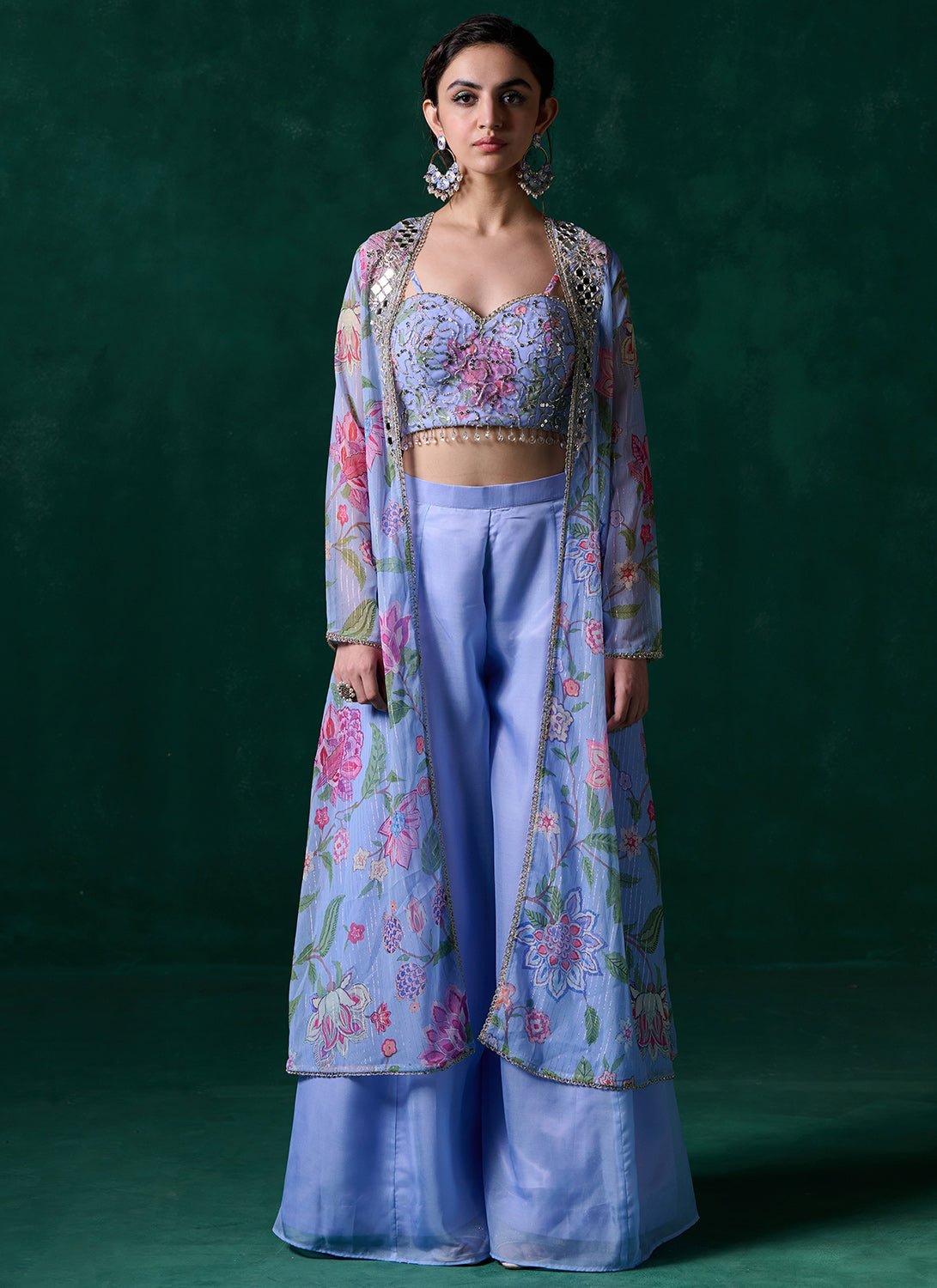 Periwinkle Floral Printed Pant Set With Jacket - Lashkaraa