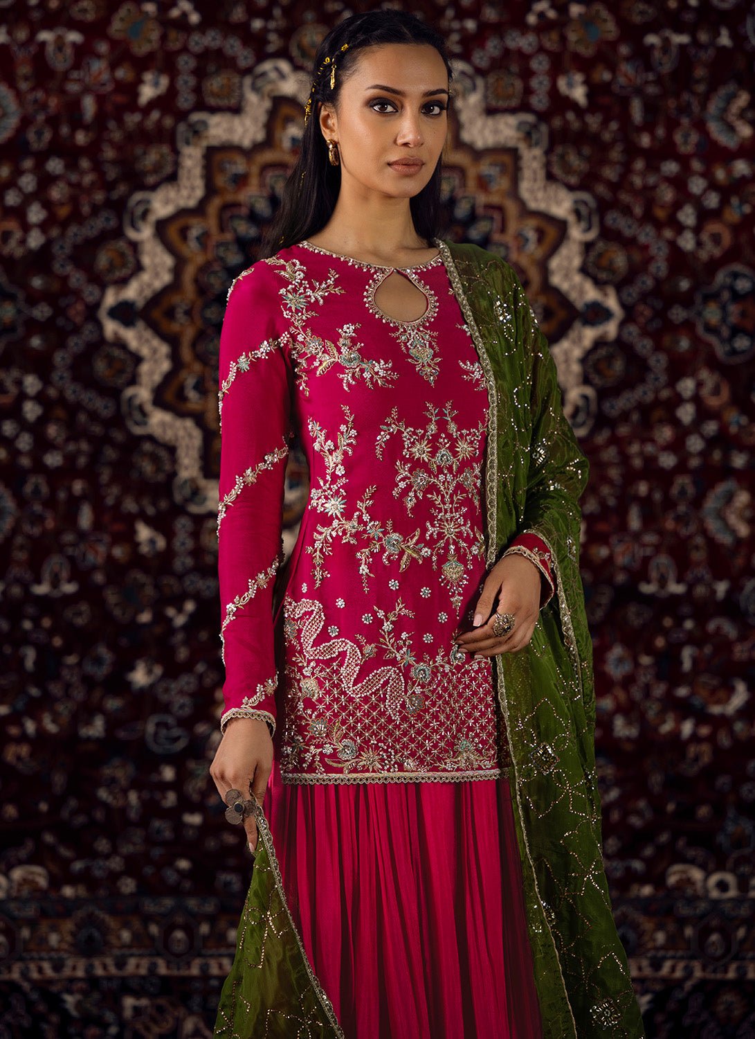 Pink and Mehendi Green Embroidered Viscose Crepe Sharara - Lashkaraa
