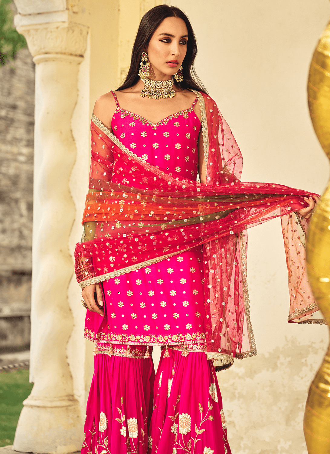 Pink Embroidered Brocade Gharara - Lashkaraa