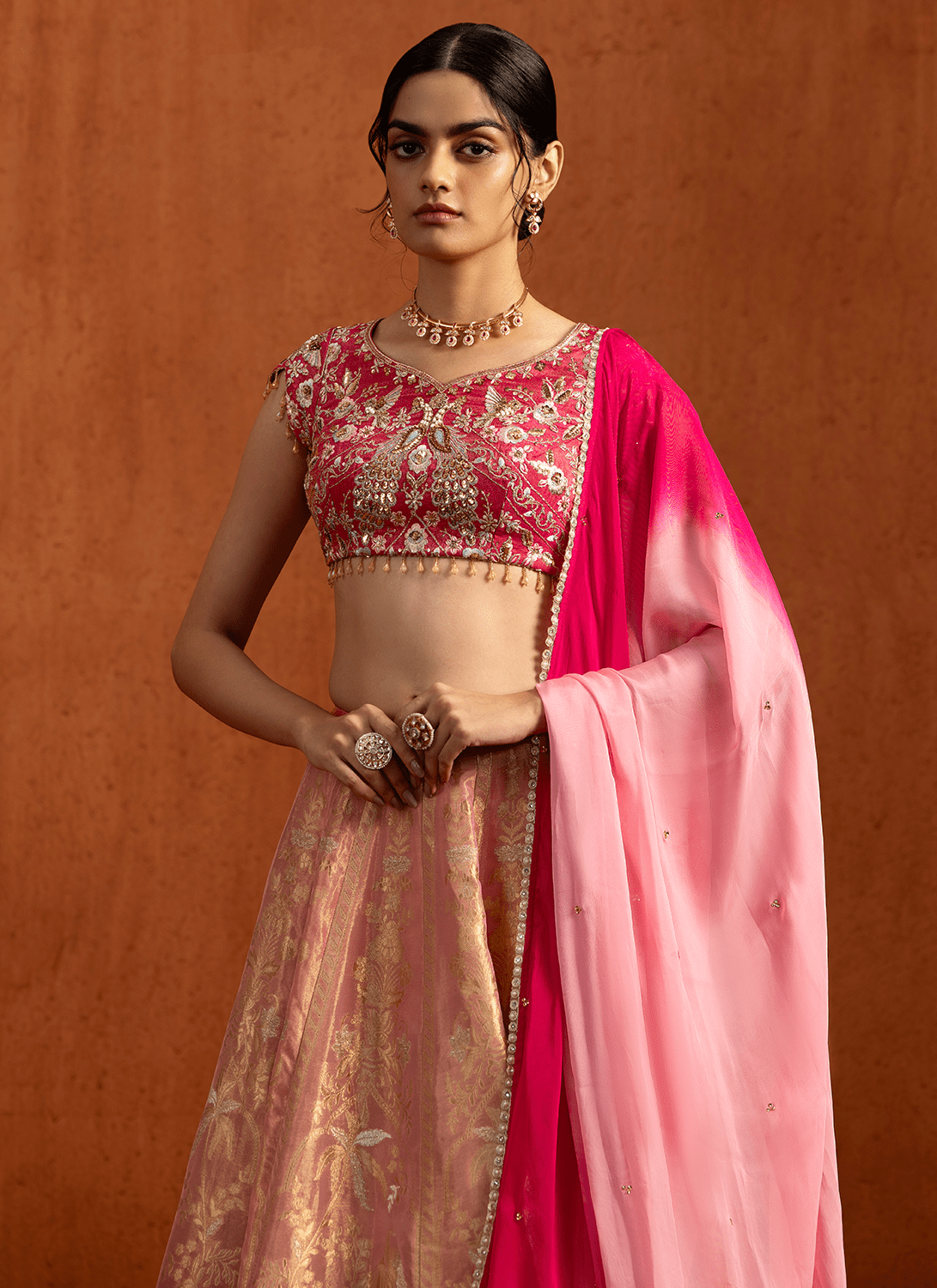 Pink Embroidered Brocade Lehenga - Lashkaraa