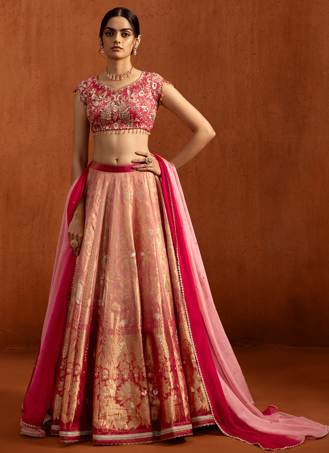 Pink Embroidered Brocade Lehenga - Lashkaraa