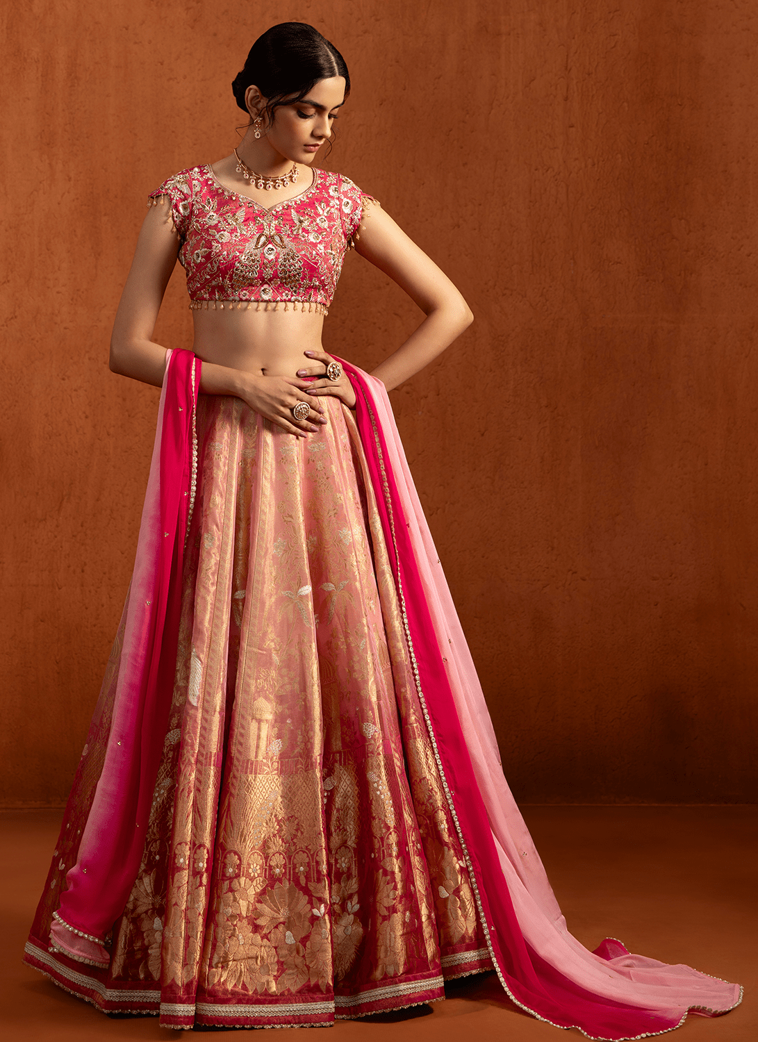 Pink Embroidered Brocade Lehenga - Lashkaraa