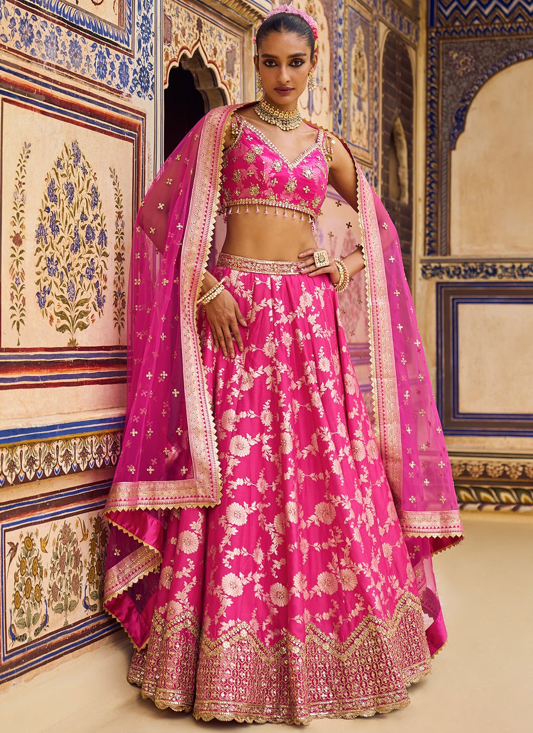 Pink Embroidered Brocade Lehenga - Lashkaraa