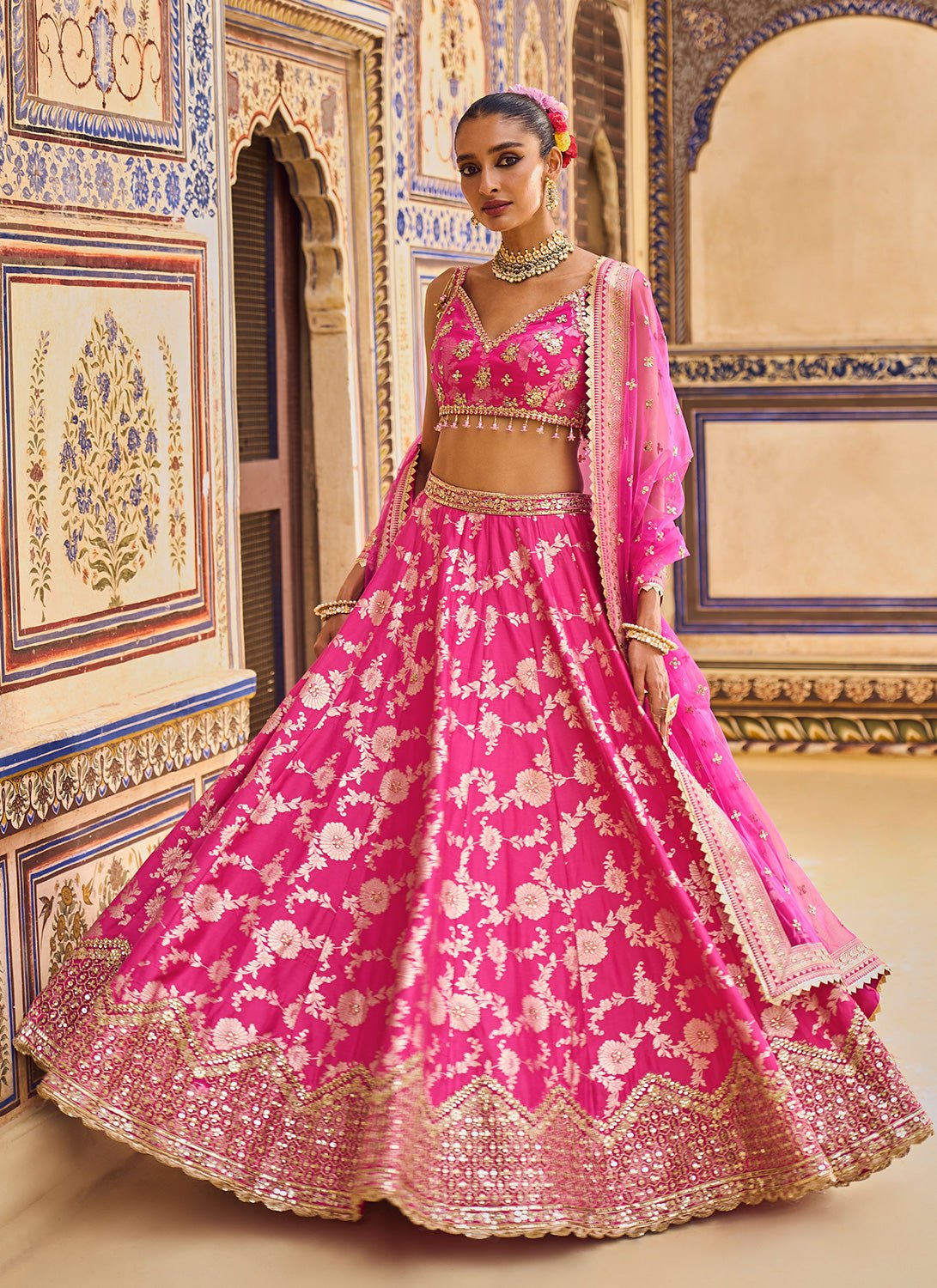 Pink Embroidered Brocade Lehenga - Lashkaraa