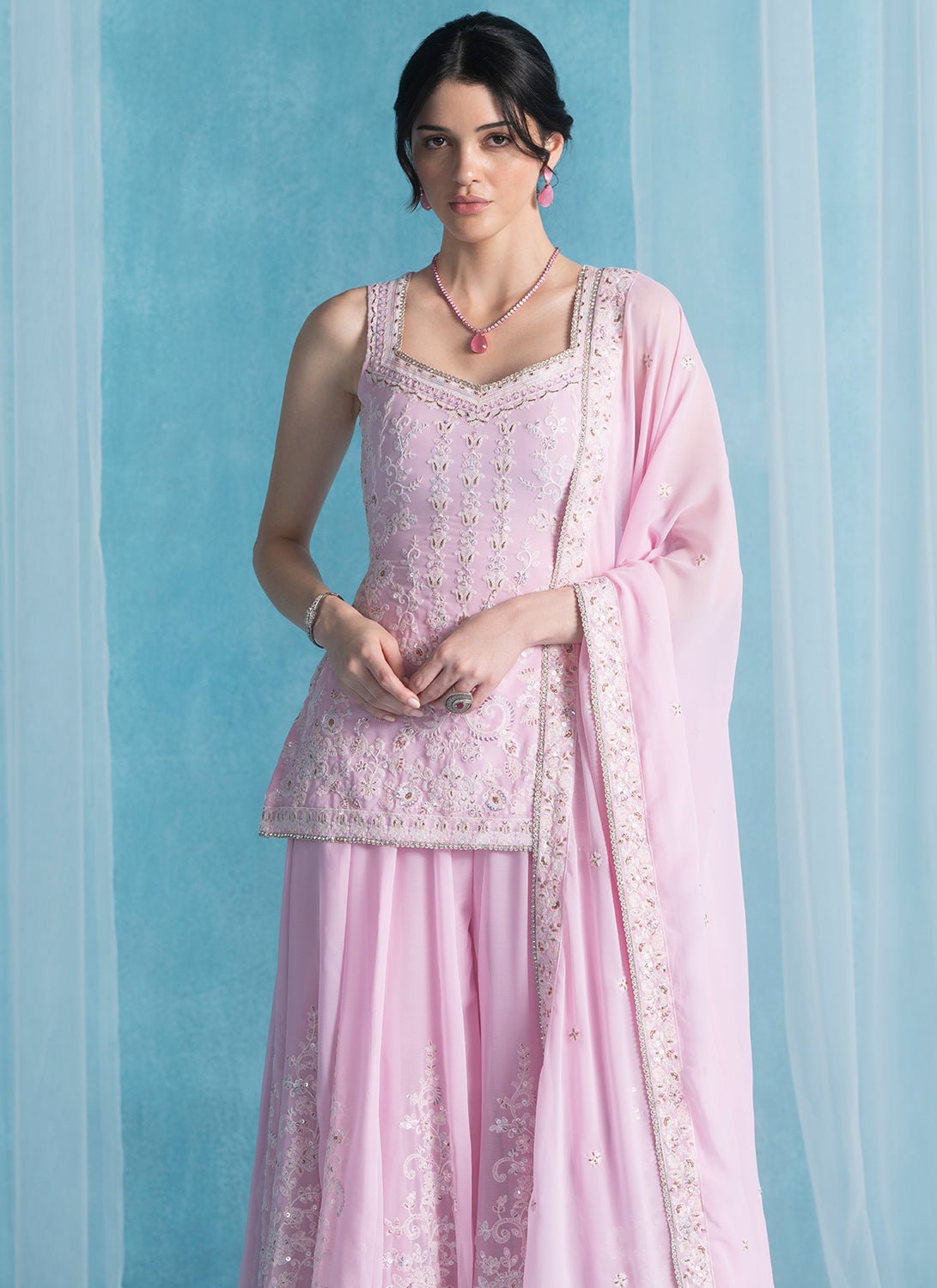 Pink Embroidered Lucknowi Sharara Suit - Lashkaraa