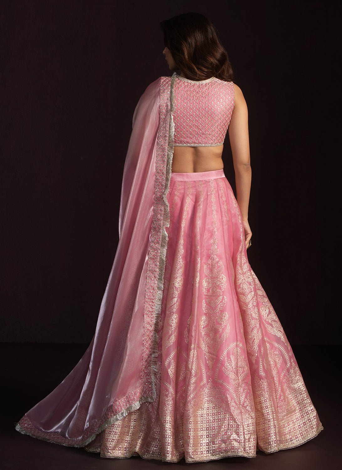 Pink Embroidered Organza Lehenga - Lashkaraa