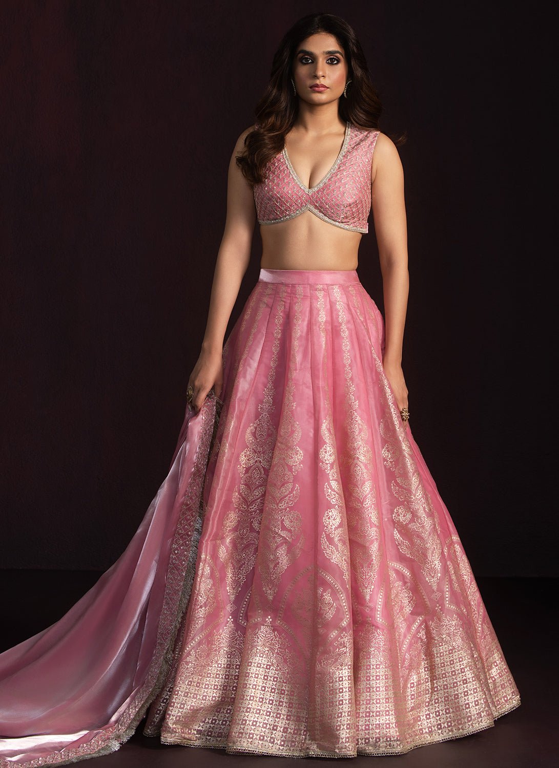 Pink Embroidered Organza Lehenga - Lashkaraa