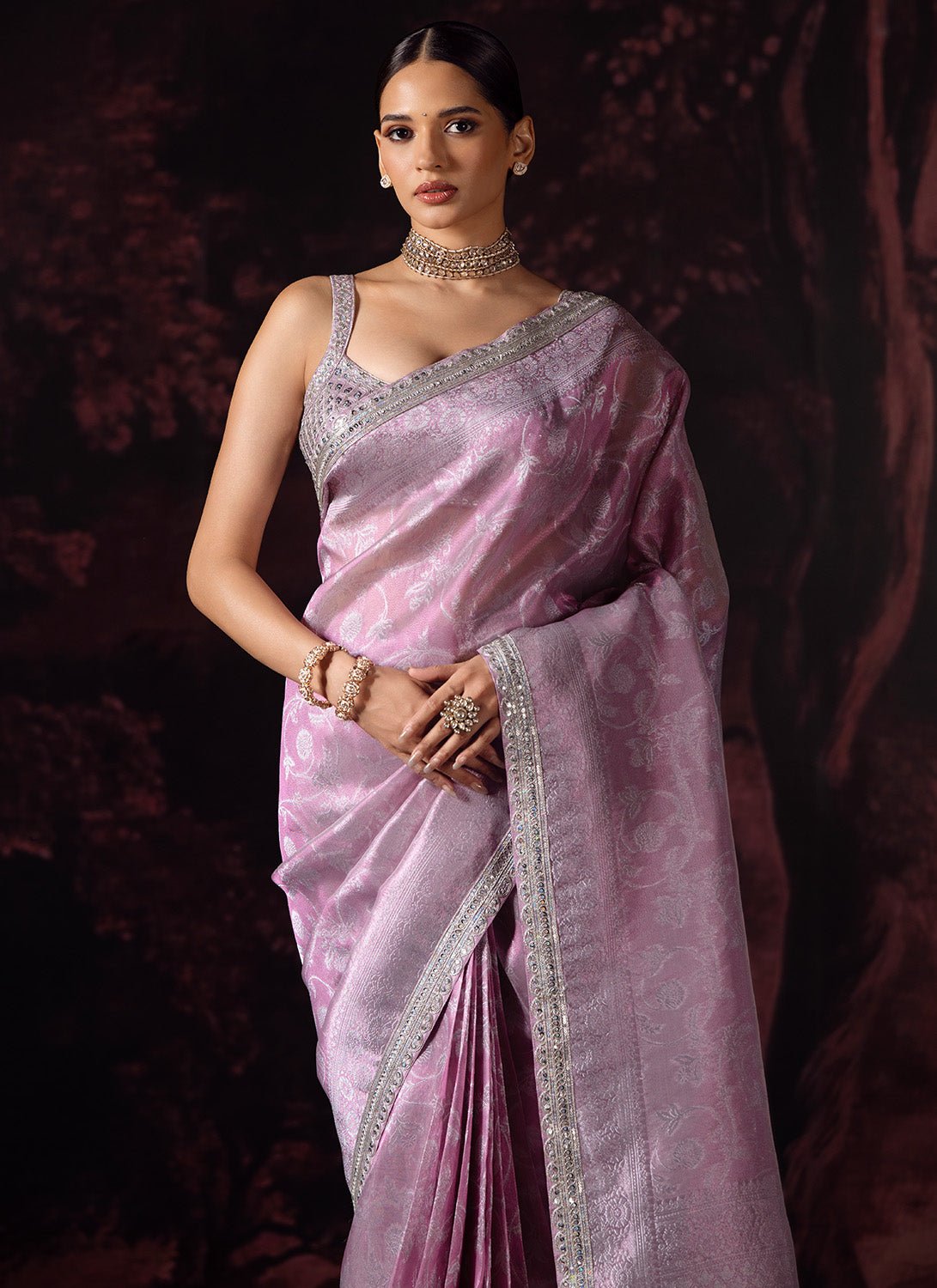 Pink Embroidered Tissue Saree - Lashkaraa