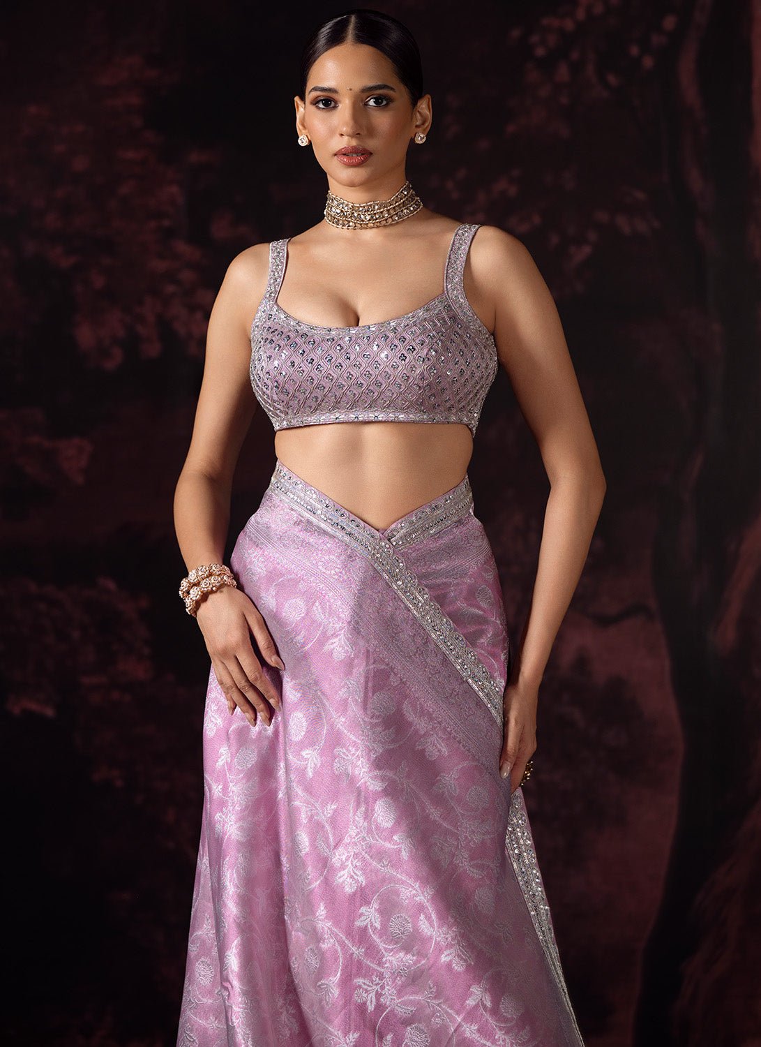 Pink Embroidered Tissue Saree - Lashkaraa