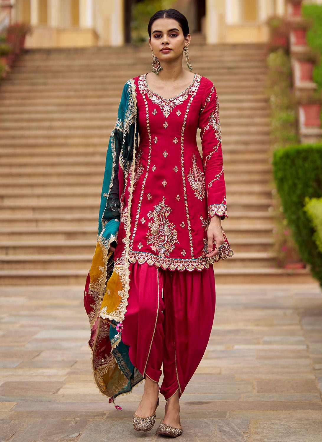 Pink Embroidered Viscose Silk Punjabi Suit - Lashkaraa