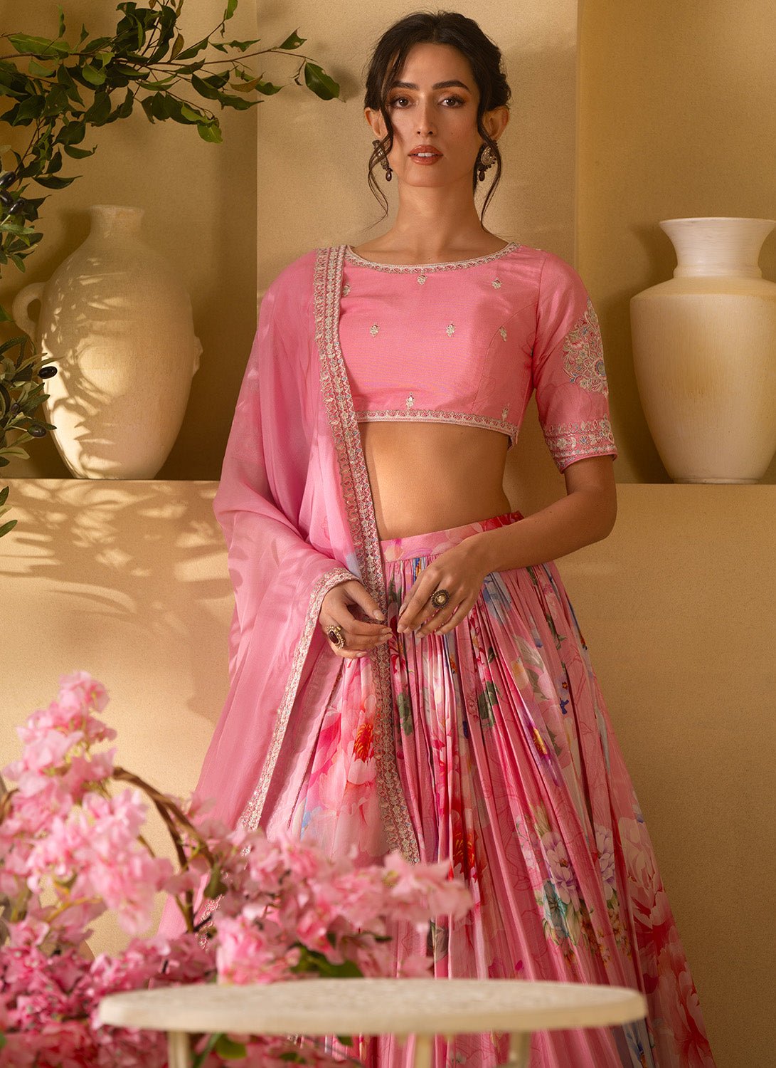 Pink Floral Embroidered Satin Georgette Lehenga - Lashkaraa