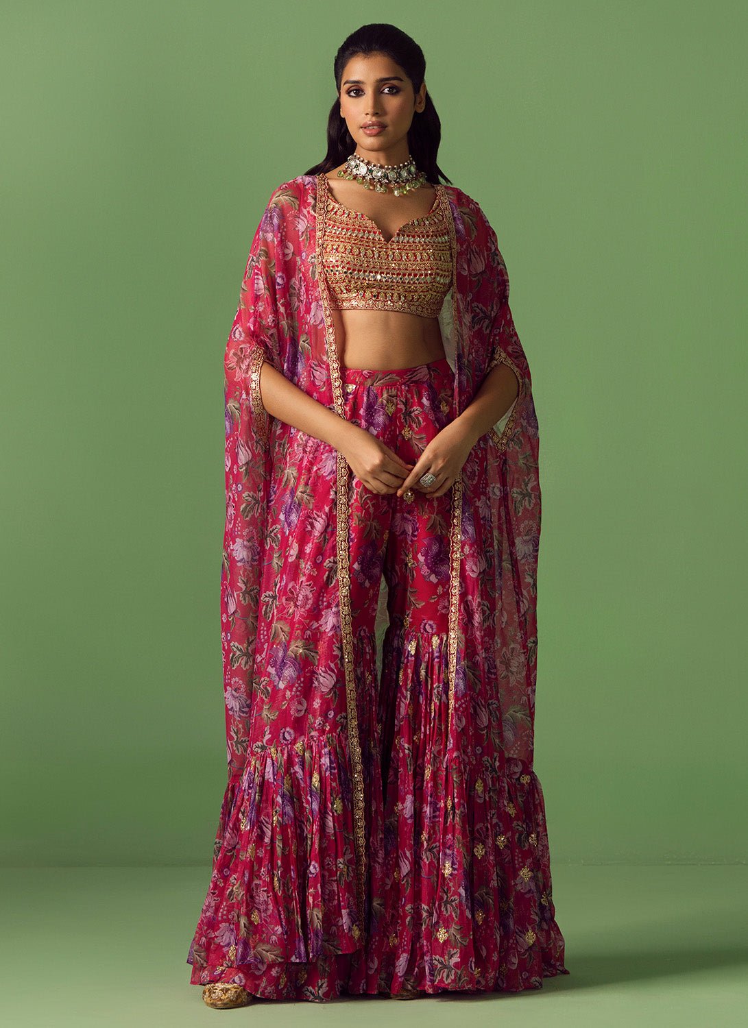 Pink Floral Printed Gharara Cape Set - Lashkaraa